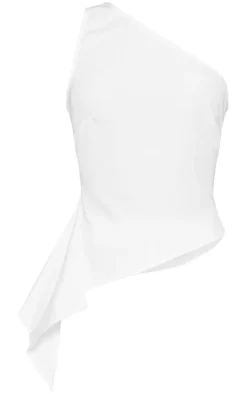 White Woven Asymmetric Frill Detail One Shoulder Top