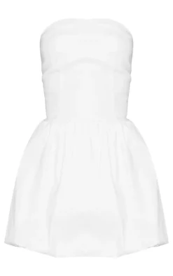 White Woven Bandeau Lace Up Puffball Mini Dress
