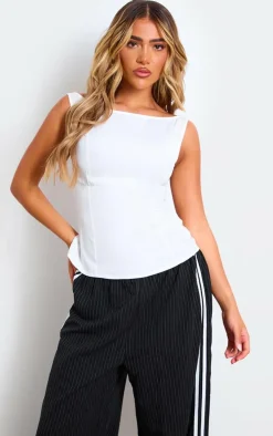 White Woven Boatneck Scoop Back Long Top
