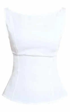 White Woven Boatneck Scoop Back Long Top