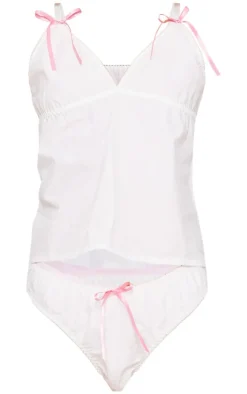 White Woven Bow Cami And Brief Pj Set