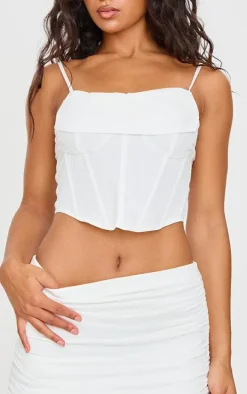 White Woven Cowl Neck Detail Strappy Dip Hem Corset