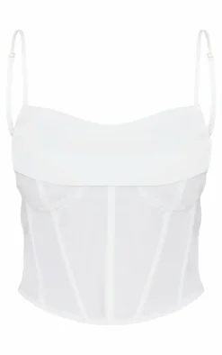 White Woven Cowl Neck Detail Strappy Dip Hem Corset