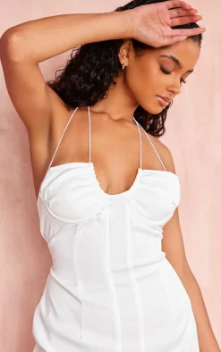 White Woven Cup Detail Tie Neck Mini Dress