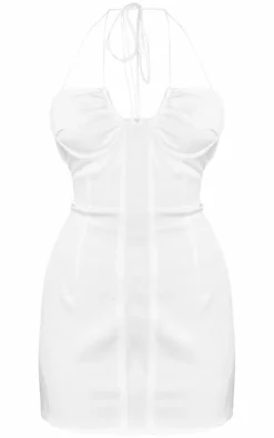 White Woven Cup Detail Tie Neck Mini Dress