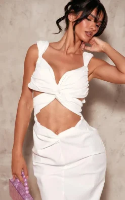 White Woven Cut Out Knot Front Detail Capped Sleeve Maxi Dress