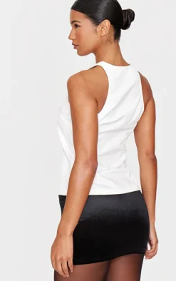 White Woven Diamante Bow Split Long Top