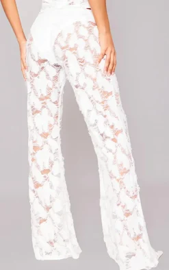 White Woven Distressed Low Rise Wide Leg Pants