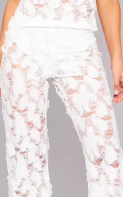 White Woven Distressed Low Rise Wide Leg Pants