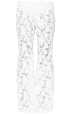White Woven Distressed Low Rise Wide Leg Pants
