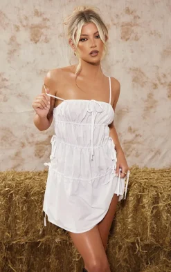 White Woven Elasticated Tie Shift Dress