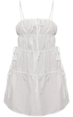 White Woven Elasticated Tie Shift Dress