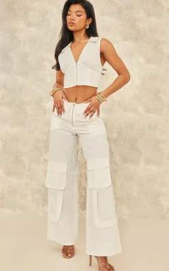 White Woven Foldover Waist Zip Front Cargos