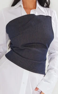 White Woven Pinstripe Corset Oversized Shirt Dress