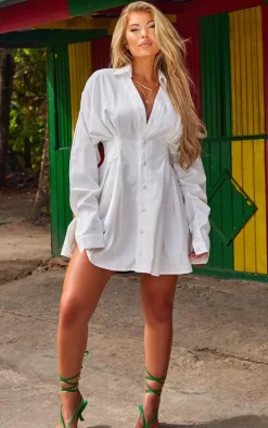 White Woven Pleated Waist Oversized Shirt Dress