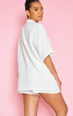 White Woven Pocket Detail Short Sleeve Oversized Shirt