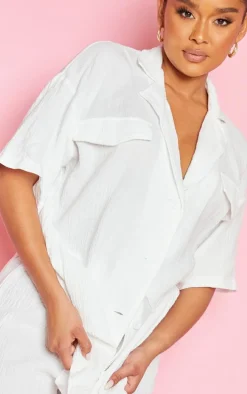 White Woven Pocket Detail Short Sleeve Oversized Shirt