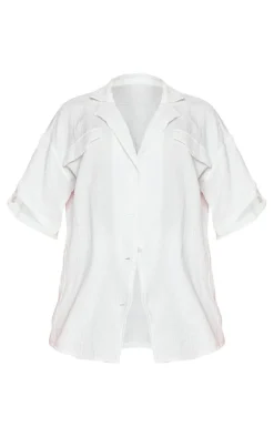White Woven Pocket Detail Short Sleeve Oversized Shirt