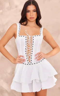 White Woven Square Neck Lace Up Frill Mini Dress