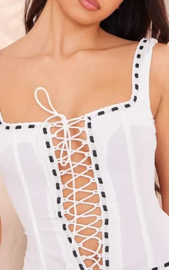 White Woven Square Neck Lace Up Frill Mini Dress