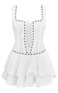 White Woven Square Neck Lace Up Frill Mini Dress