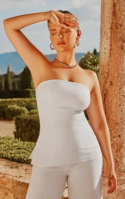 White Woven Tailored Longline Split Hem Bandeau