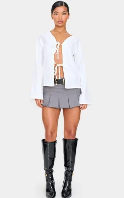 White Woven Tie Front Flared Sleeve Shirt