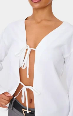 White Woven Tie Front Flared Sleeve Shirt