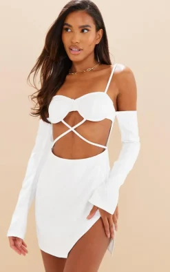 White Woven Underwired Cup Cross Waist Bodycon Dress