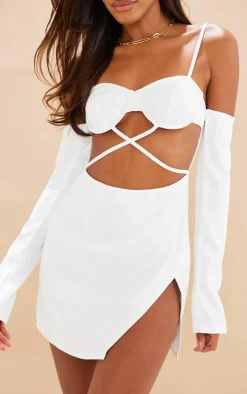 White Woven Underwired Cup Cross Waist Bodycon Dress