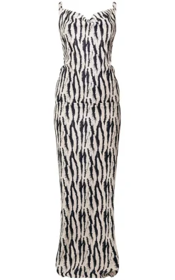 White Zebra Print Satin Cowl Neck Maxi Dress