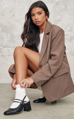 Wide Fit Black Patent PU Round Toe Gold Buckle Block Heel Mary Janes