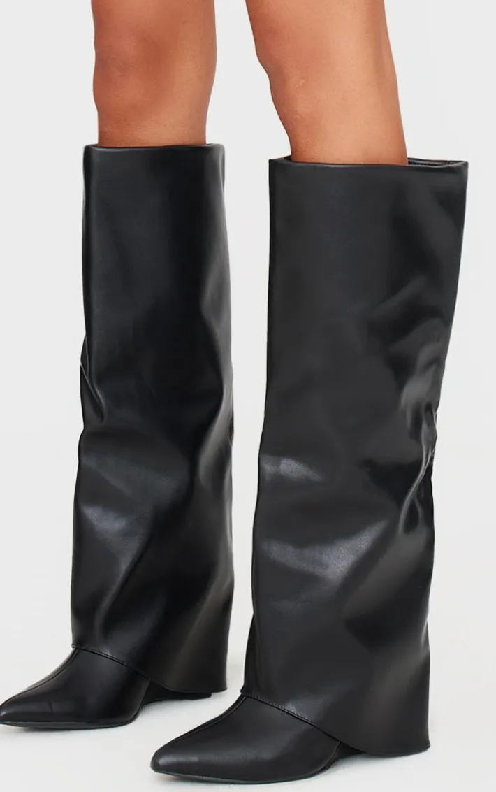 Wide Fit Black PU Fold Over Zip Detail Point Toe Knee High Wedge Heeled Boots