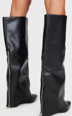 Wide Fit Black PU Fold Over Zip Detail Point Toe Knee High Wedge Heeled Boots
