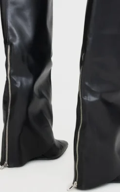 Wide Fit Black PU Fold Over Zip Detail Point Toe Knee High Wedge Heeled Boots