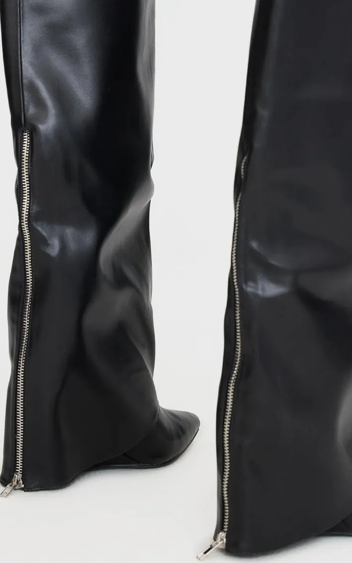 Wide Fit Black PU Fold Over Zip Detail Point Toe Knee High Wedge Heeled Boots