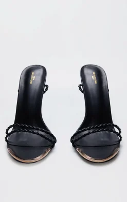 Wide Fit Black PU Round Metal Toe Braided Strap High Stiletto Heeled Sandal