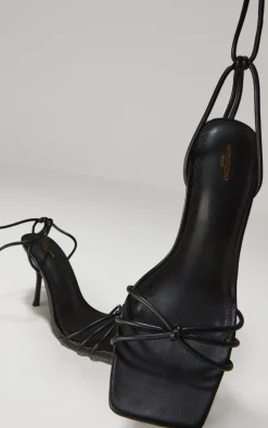 Wide Fit Black PU Square Toe Lace Up High Stiletto Heeled Sandals