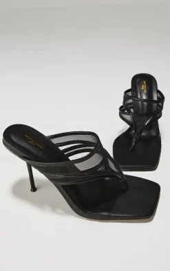 Wide Fit Black Square Toe Double Mesh Toe Thong High Stiletto Heeled Mules
