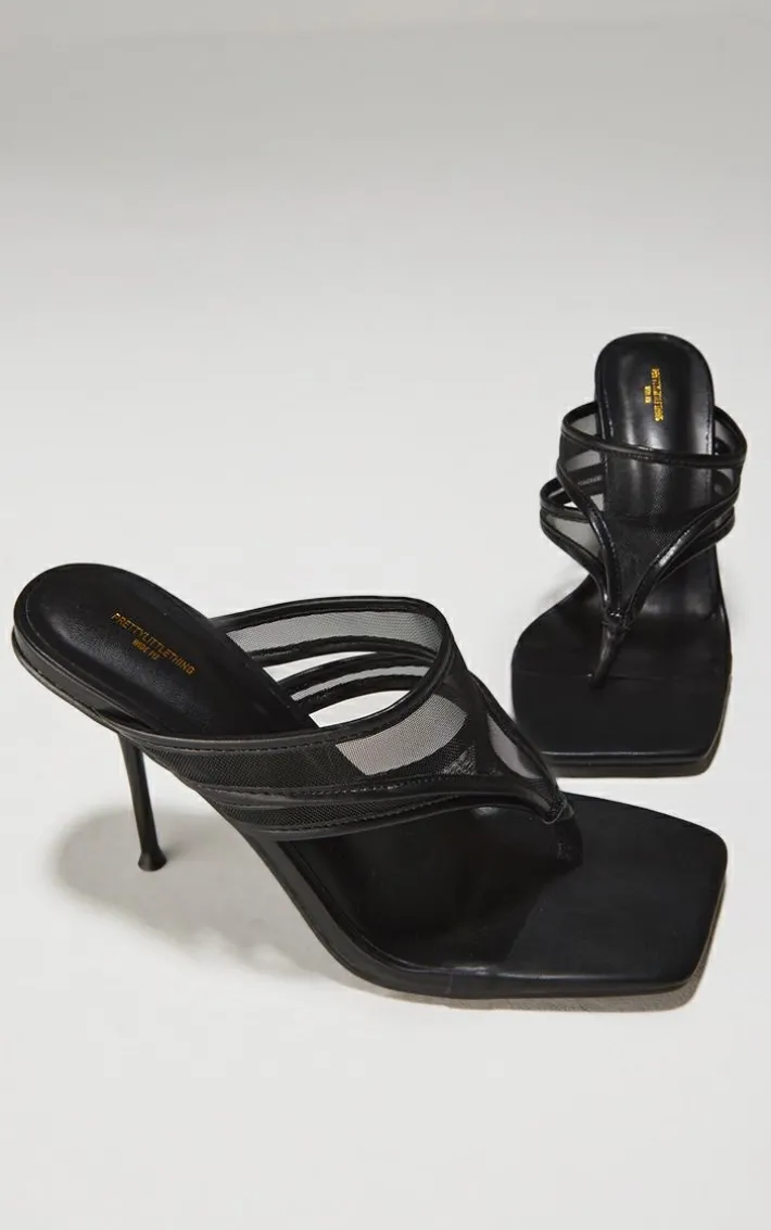 Wide Fit Black Square Toe Double Mesh Toe Thong High Stiletto Heeled Mules