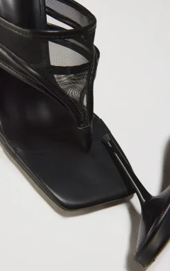Wide Fit Black Square Toe Double Mesh Toe Thong High Stiletto Heeled Mules