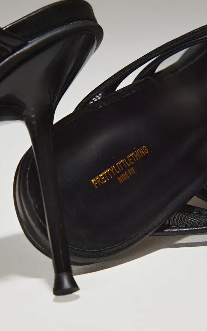 Wide Fit Black Square Toe Double Mesh Toe Thong High Stiletto Heeled Mules