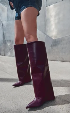 Wide Fit Burgundy PU Fold Over Zip Detail Point Toe Knee High Wedge Heeled Boots