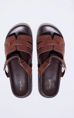 Wide Fit Chocolate Faux Suede Round Toe Velcro Strap Chunky Sandals