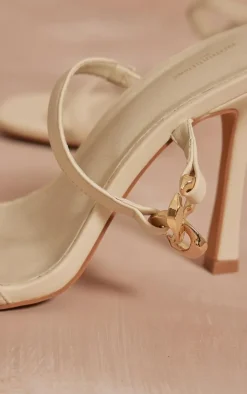 Wide Fit Cream Pu Square Toe Linked Buckle Heeled Mules