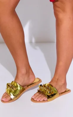 Wide Fit Gold PU Round Toe Sequin Strap Mule Sandals