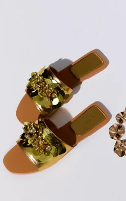 Wide Fit Gold PU Round Toe Sequin Strap Mule Sandals