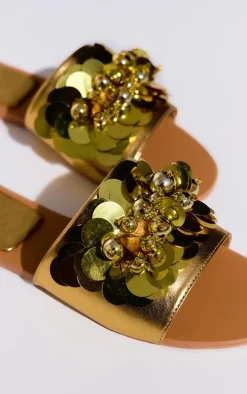 Wide Fit Gold PU Round Toe Sequin Strap Mule Sandals