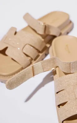 Wide Fit Natural Linen Round Toe Velcro Strap Chunky Sandals