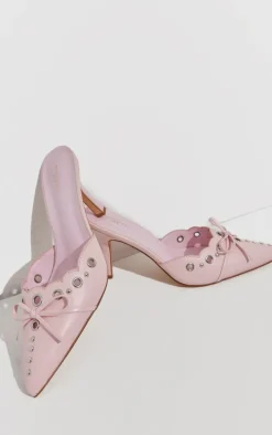 Wide Fit Pink Pu Point Toe Laced Bow Detailed Heeled Mules